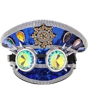 Blue Sequin Studded Hat Festival Hat with Goggles